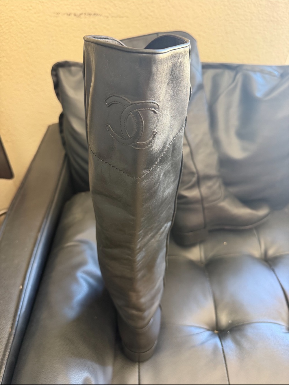 CHANEL Black Leather Over-the-Knee Boots with Embossed CC